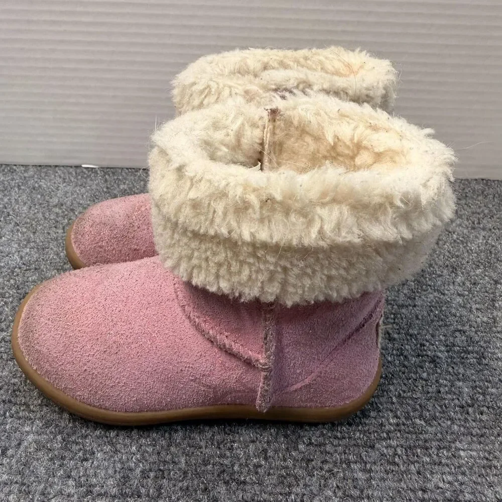 UGG Boots Girls Size 7 Pink Suede Shearling Lined Winter Fur Trim 1157633T